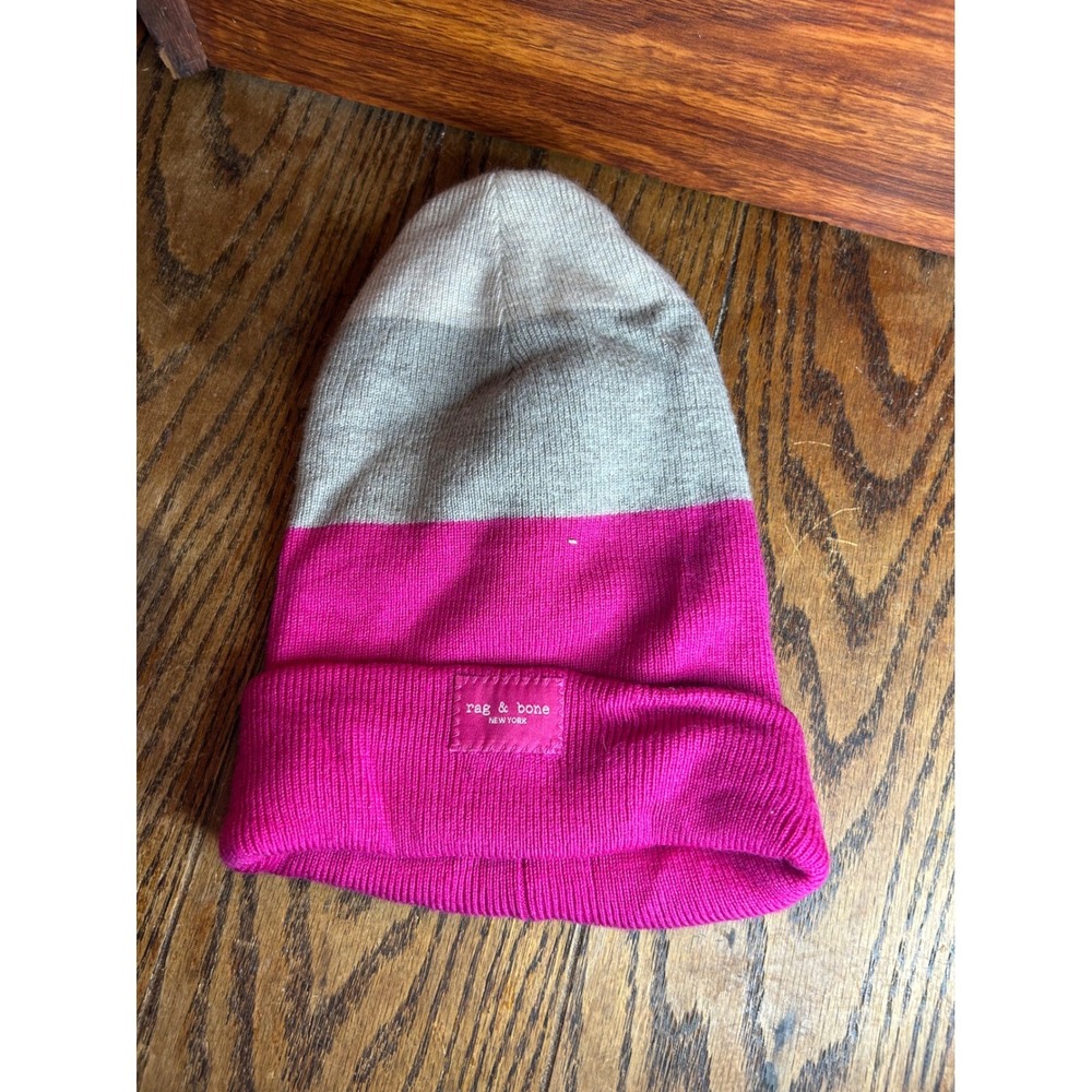 Rag & Bone New York Colorblock Wool Blend Beanie Pink Grey Cream Knit Hat Logo